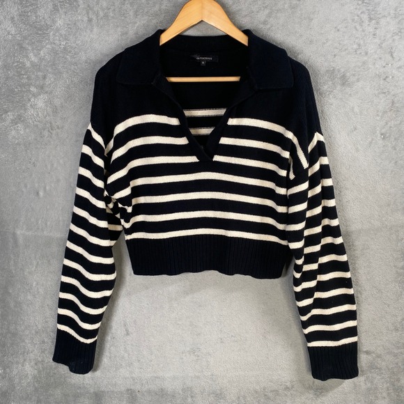 OLIVACEOUS Breton Striped Collared Cropped Sweater Women Medium Preppy Parisian - Picture 2 of 8